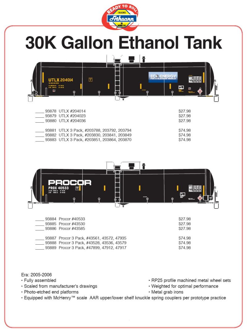 Freight Cars Athearn RTR HO 30K Gallon Ethanol Tank Cars Procor Item
